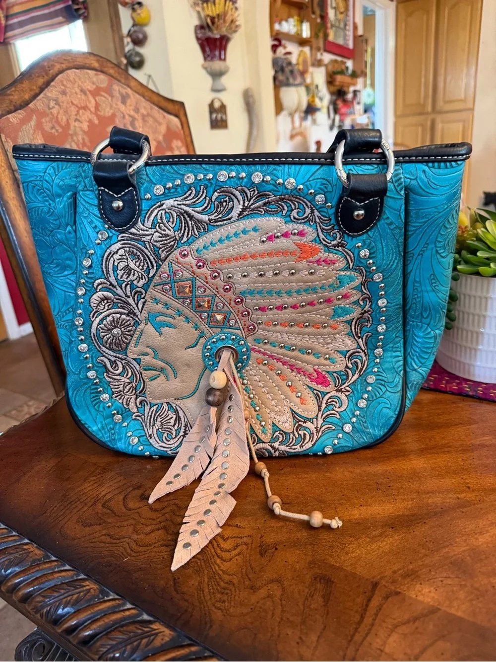 New Concealed Carry Turquoise Embroidered Feather Accent Shoulder Bag - Women